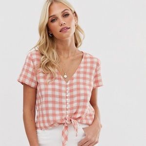 ASOS Stradivarius tie front gingham blouse NWT